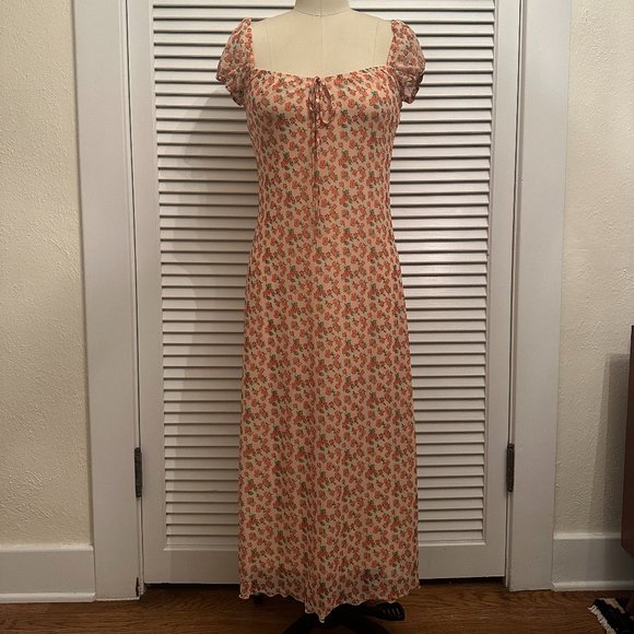 MOTEL ROCKS ORANGE FLORAL MESH MIDI DRESS. SIZE M. WORN ONCE - Picture 3 of 11